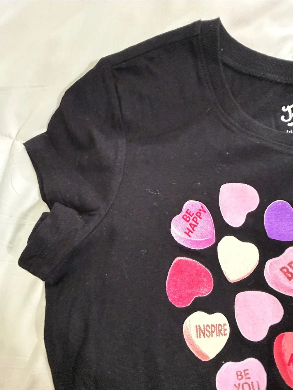 Justice Black Short Sleeve Tee with Pink, Purple & Cream Heart Candy Graphic